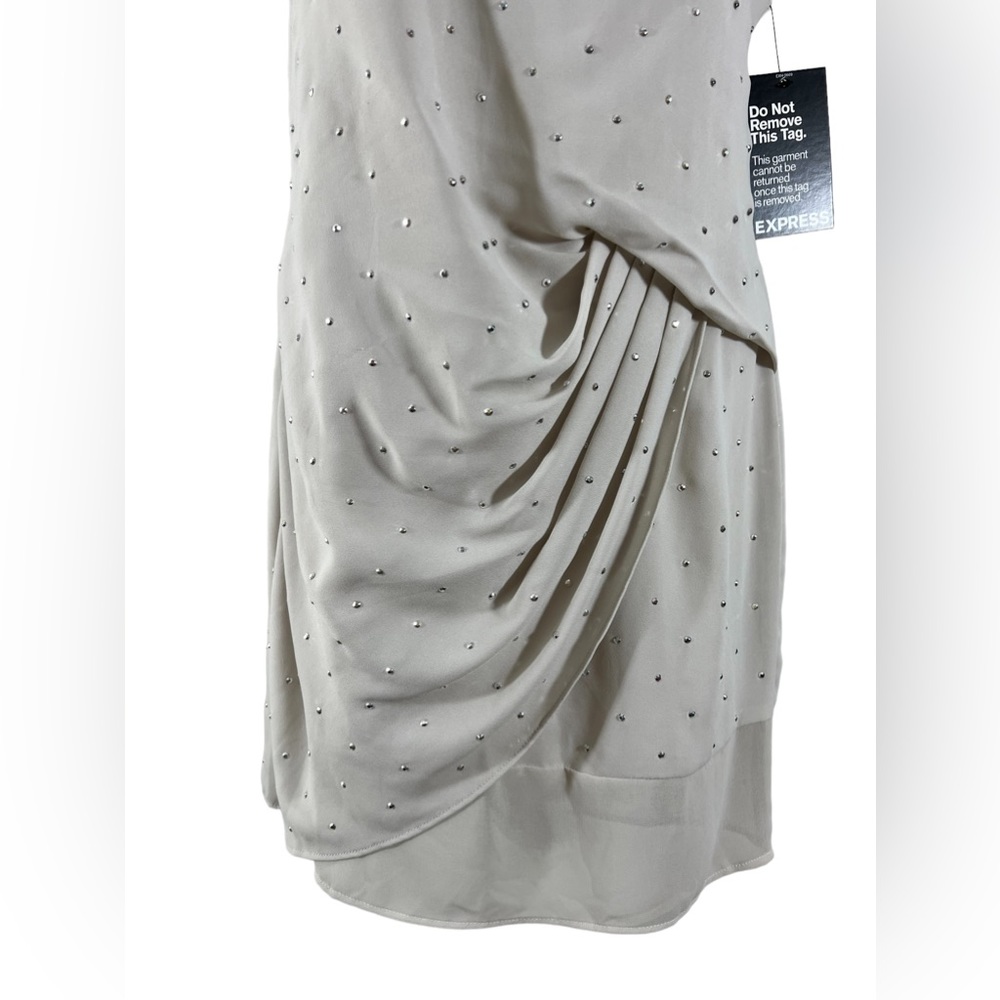 NWT‎ Express Spaghetti Strap Rhinestone One Shoulder Beige Bodycon Dress Size 0 - Picture 3 of 9